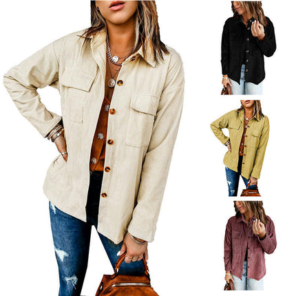 Women's Corduroy Shirt Long Sleeve Button Down Plaid Shirt Jacket