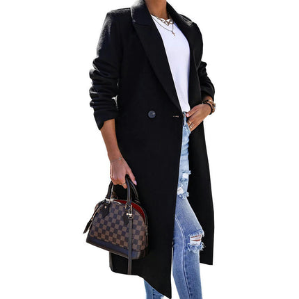 Women's Notch Lapel Double Breasted Mid Long Trench Coat