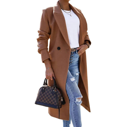 Women's Notch Lapel Double Breasted Mid Long Trench Coat