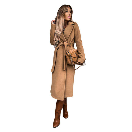 Women's Coat Winter Lapel Belted Peacoat Mid Long Jacket