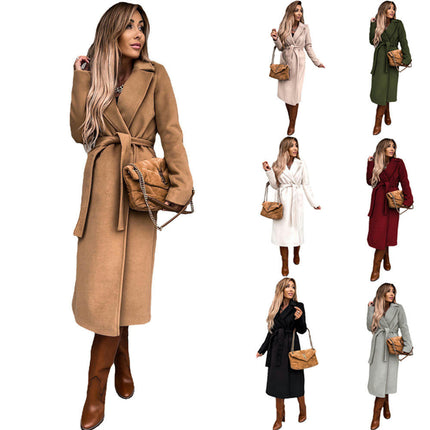 Women's Coat Winter Lapel Belted Peacoat Mid Long Jacket