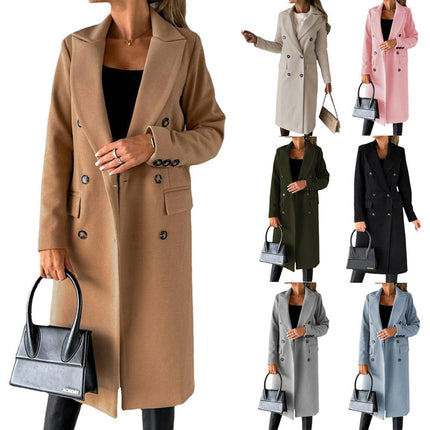 Women's Winter Mid-Long Coat Double-Breasted Lapel Jacket Outwear