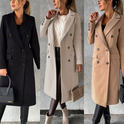 Women's Winter Mid-Long Coat Double-Breasted Lapel Jacket Outwear