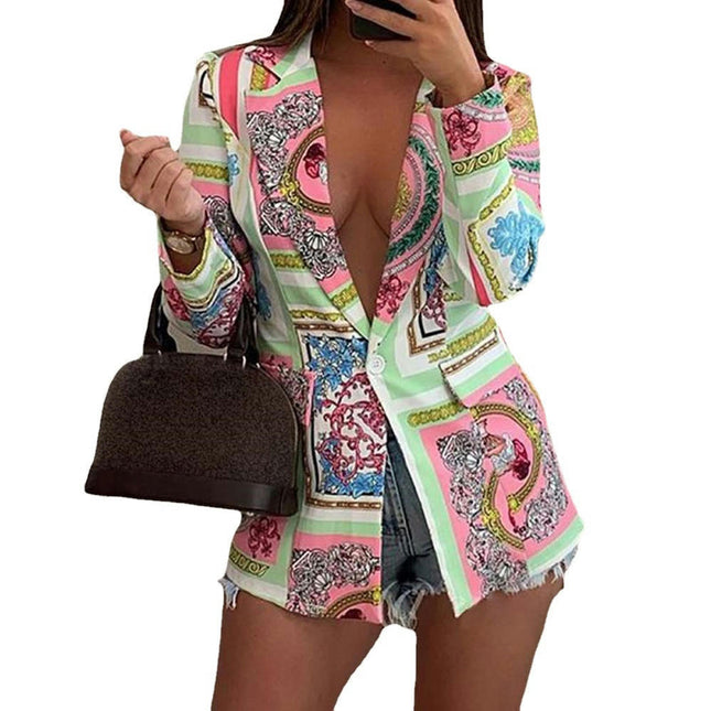 Women's Graphic Print Blazer Button Open Front Long Sleeve Jacket Multicolored