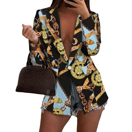 Women's Graphic Print Blazer Button Open Front Long Sleeve Jacket Multicolored