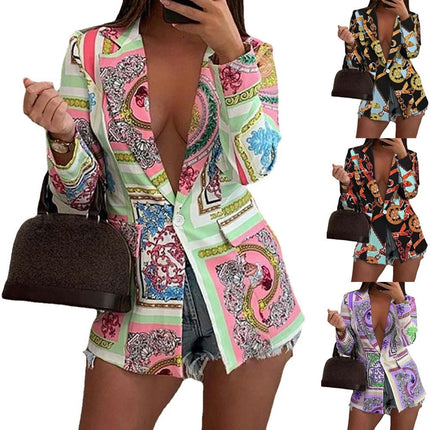 Women's Graphic Print Blazer Button Open Front Long Sleeve Jacket Multicolored