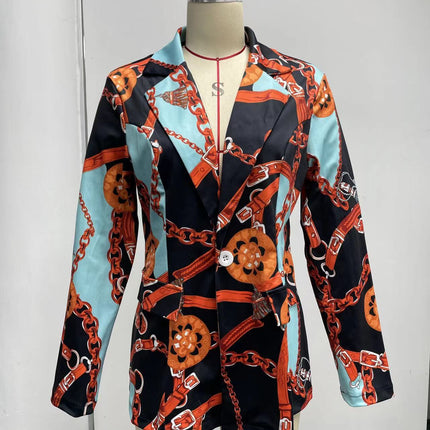 Women's Graphic Print Blazer Button Open Front Long Sleeve Jacket Multicolored