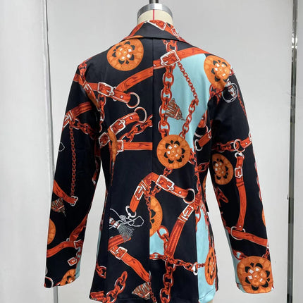 Women's Graphic Print Blazer Button Open Front Long Sleeve Jacket Multicolored