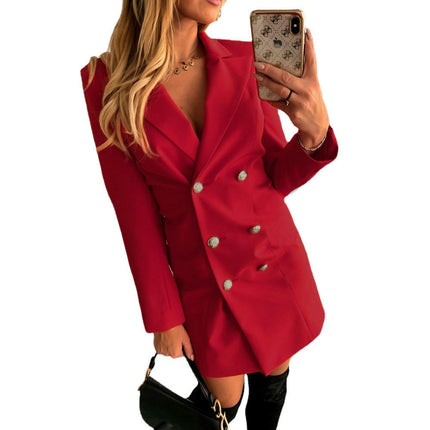 Women's Solid Color Long Sleeve Lapel Double Breasted Mid Length Suit Blazer Outwear