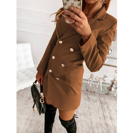 Women's Solid Color Long Sleeve Lapel Double Breasted Mid Length Suit Blazer Outwear