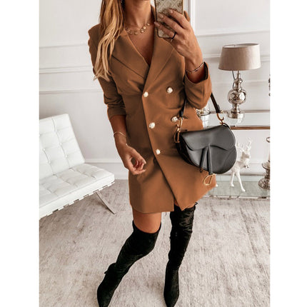 Women's Solid Color Long Sleeve Lapel Double Breasted Mid Length Suit Blazer Outwear