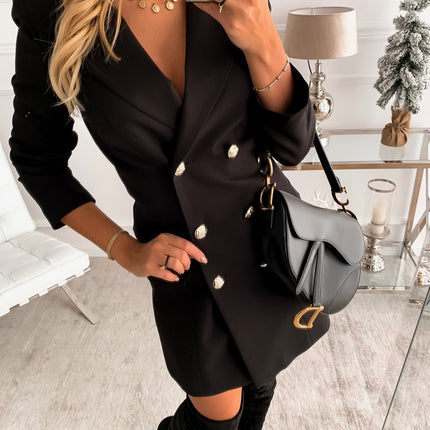 Women's Solid Color Long Sleeve Lapel Double Breasted Mid Length Suit Blazer Outwear