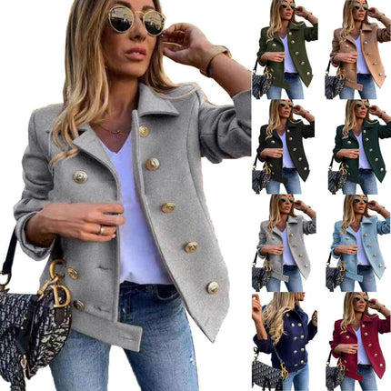 Women's Tailored Collar Wool Blend Double Breasted Blazer Short Coat Jacket