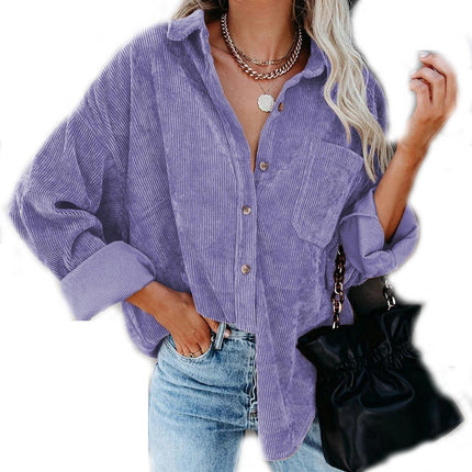 Women's Casual Corduroy Button Shirt JacketLong Sleeve Boyfriend Blouses Tops 1