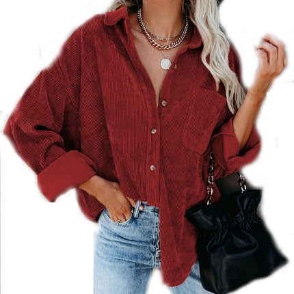 Women's Casual Corduroy Button Shirt JacketLong Sleeve Boyfriend Blouses Tops 1