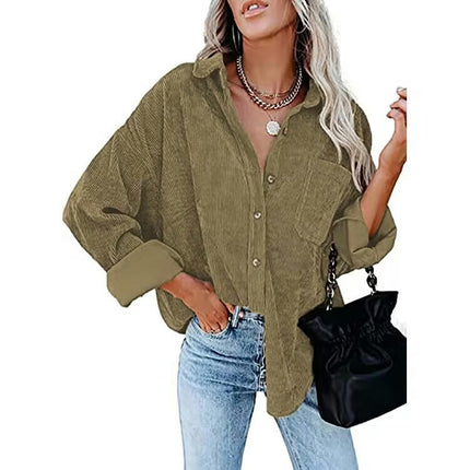 Women's Casual Corduroy Button Shirt JacketLong Sleeve Boyfriend Blouses Tops 1