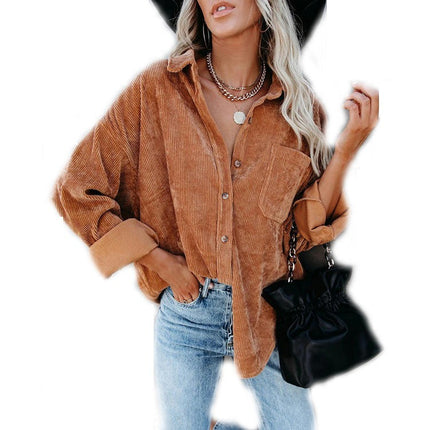 Women's Casual Corduroy Button Shirt JacketLong Sleeve Boyfriend Blouses Tops