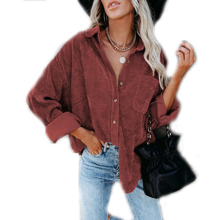 Women's Casual Corduroy Button Shirt JacketLong Sleeve Boyfriend Blouses Tops