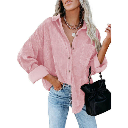 Women's Casual Corduroy Button Shirt JacketLong Sleeve Boyfriend Blouses Tops 1