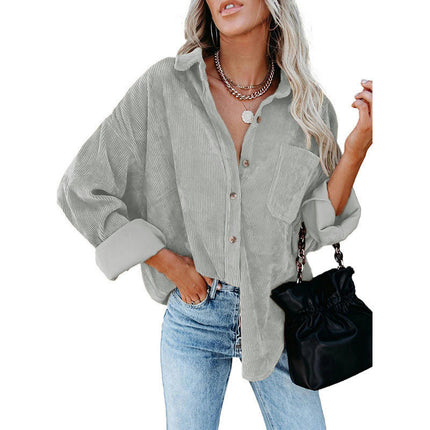 Women's Casual Corduroy Button Shirt JacketLong Sleeve Boyfriend Blouses Tops 1