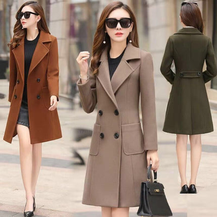 Women's Double Breasted Coat Mid Long Lapel Overcoat Jack