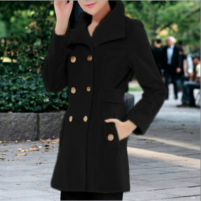 Women Winter Mid-Long Coat Notch Double-Breasted Lapel Jacket Outwear