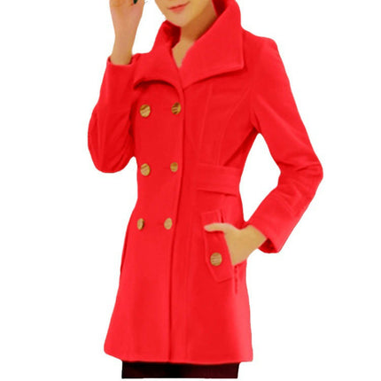 Women Winter Mid-Long Coat Notch Double-Breasted Lapel Jacket Outwear