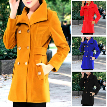 Women Winter Mid-Long Coat Notch Double-Breasted Lapel Jacket Outwear