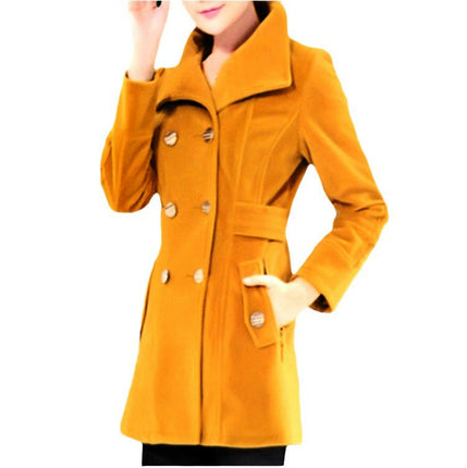 Women Winter Mid-Long Coat Notch Double-Breasted Lapel Jacket Outwear