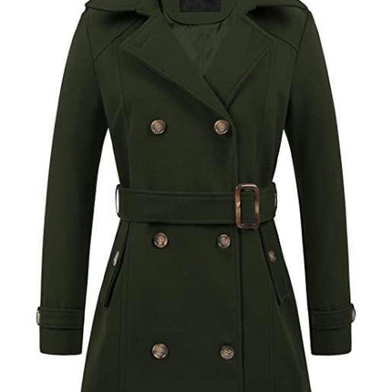 Women's Double Breasted Pea Coat Hooded Long Winter Trench Coat