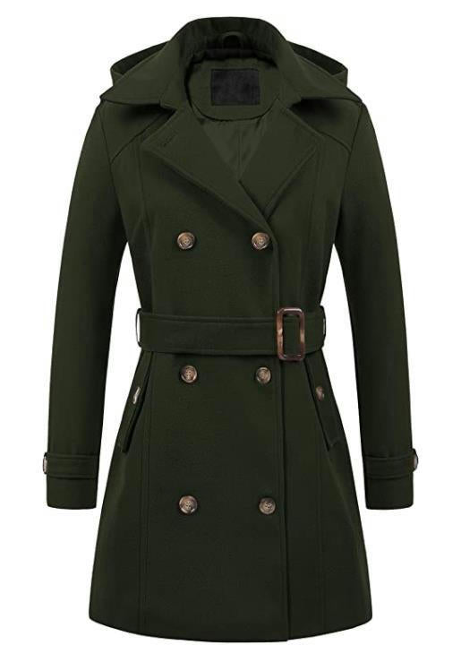 Women's Double Breasted Pea Coat Hooded Long Winter Trench Coat