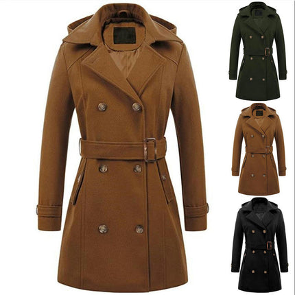 Women's Double Breasted Pea Coat Hooded Long Winter Trench Coat