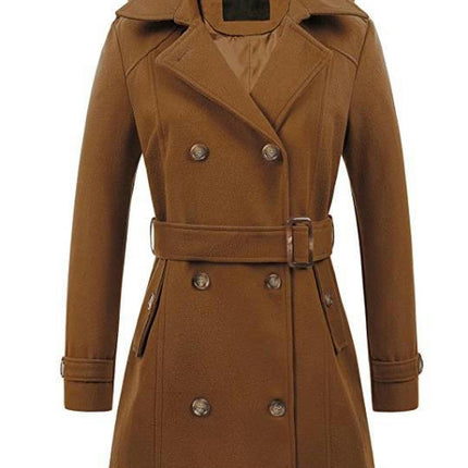 Women's Double Breasted Pea Coat Hooded Long Winter Trench Coat