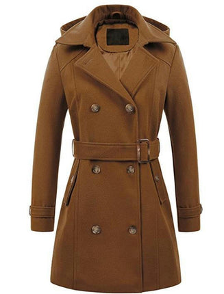 Women's Double Breasted Pea Coat Hooded Long Winter Trench Coat