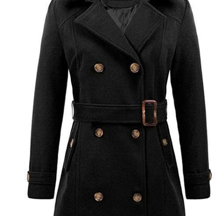 Women's Double Breasted Pea Coat Hooded Long Winter Trench Coat