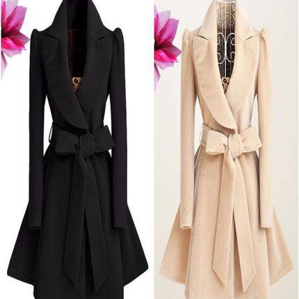 Women's Elegant Lapel Collar Double Breasted Overcoat Coat Belt