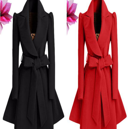 Women's Elegant Lapel Collar Double Breasted Overcoat Coat Belt