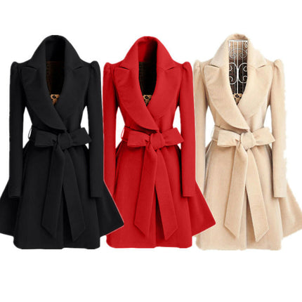 Women's Elegant Lapel Collar Double Breasted Overcoat Coat Belt