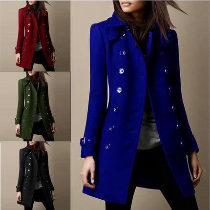 Women's ch Coat Slim Fit Lapel Long Sleeve Double Breasted Coat Outwear