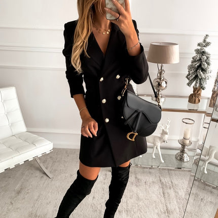 Women's Long Sleeve Lapel Double Breasted Mid Length Office Blazer Outwear