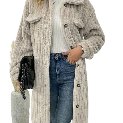 Fuzzy Fleece Jackets for Women Long Sleeve Lapel Button Down Long Teddy Coat