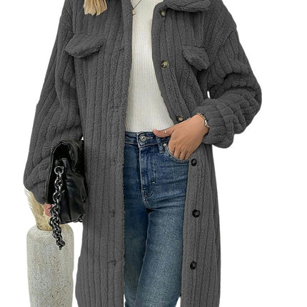 Fuzzy Fleece Jackets for Women Long Sleeve Lapel Button Down Long Teddy Coat