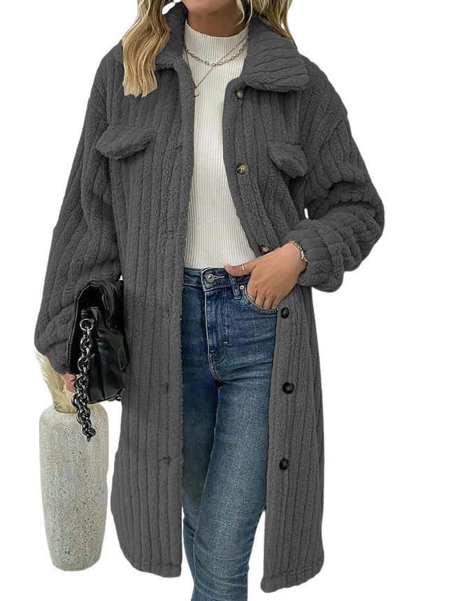 Fuzzy Fleece Jackets for Women Long Sleeve Lapel Button Down Long Teddy Coat