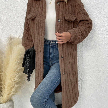 Fuzzy Fleece Jackets for Women Long Sleeve Lapel Button Down Long Teddy Coat