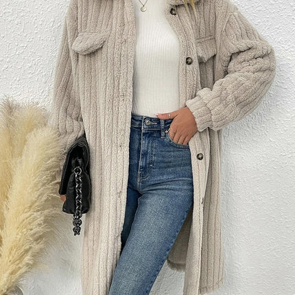 Fuzzy Fleece Jackets for Women Long Sleeve Lapel Button Down Long Teddy Coat