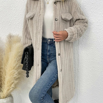 Fuzzy Fleece Jackets for Women Long Sleeve Lapel Button Down Long Teddy Coat