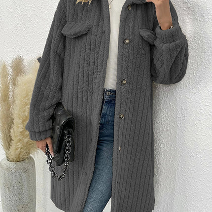 Fuzzy Fleece Jackets for Women Long Sleeve Lapel Button Down Long Teddy Coat