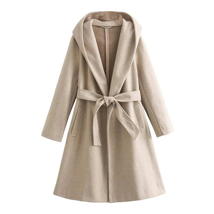 Women's Coat Long Jacket,Winter Long Sleeve Lapel Hooded Overcoat With Belt