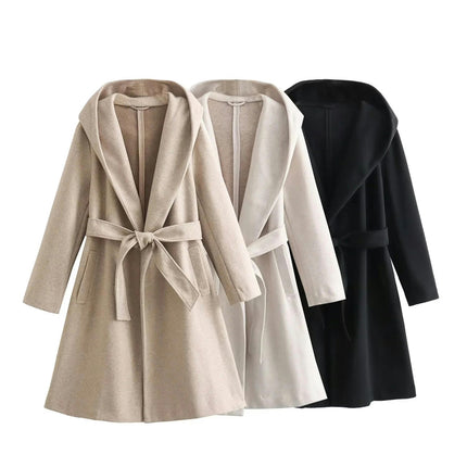 Women's Coat Long Jacket,Winter Long Sleeve Lapel Hooded Overcoat With Belt