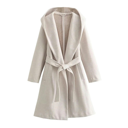 Women's Coat Long Jacket,Winter Long Sleeve Lapel Hooded Overcoat With Belt